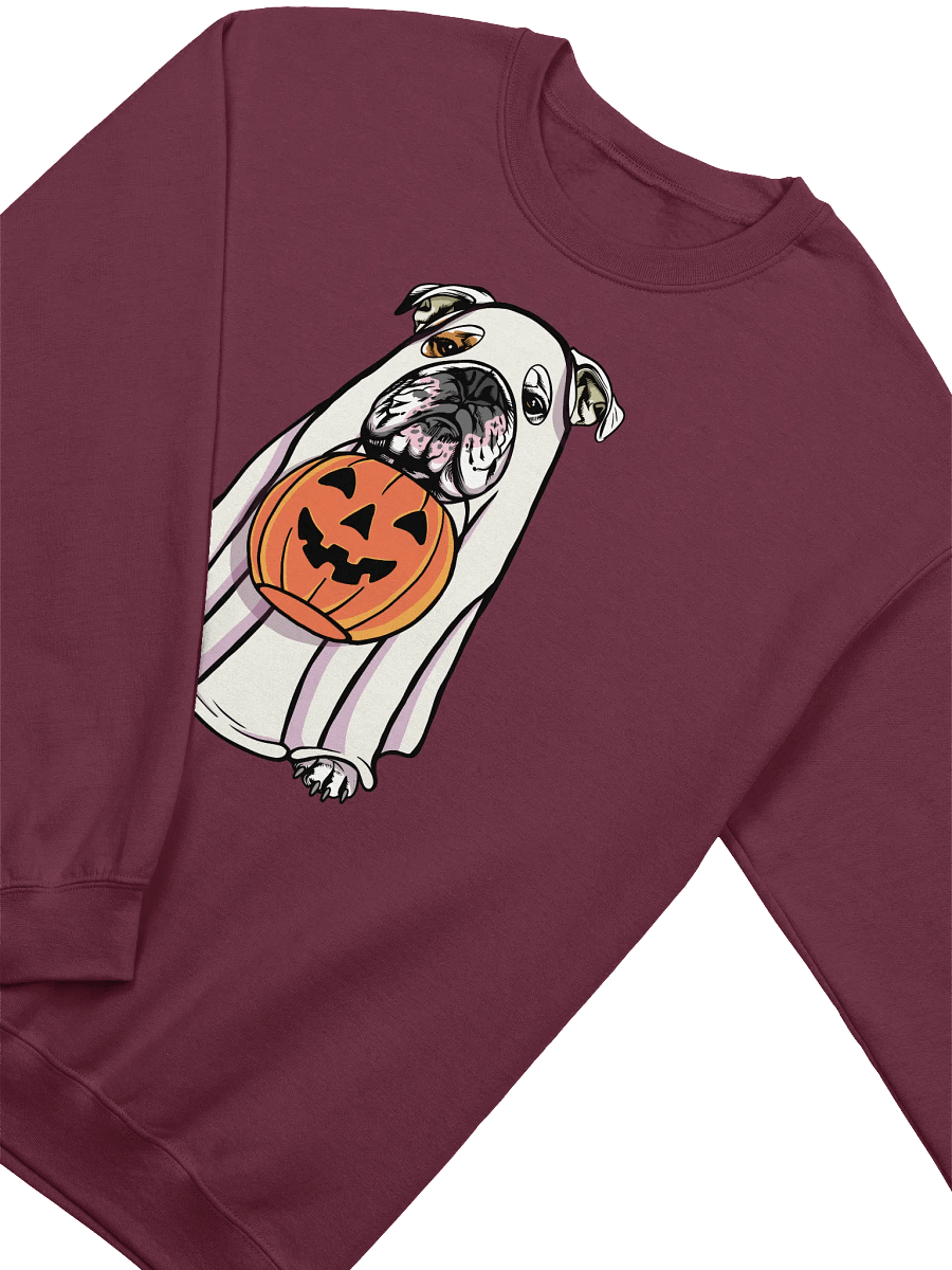 Funny Halloween English Bulldog(White) Sweatshirt | Funny English Bulldog Wearing a Ghost Costume and Holding a Pumpkin Basket product image (13)