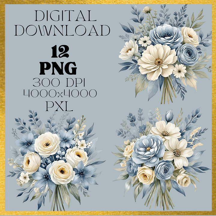 Dusty Blue Flowers bouquet Clipart Bundle product image (2)