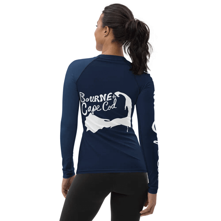 BOURNE to Cape Cod™ | Women's Rash Guard | BRN.2C.C.™ | White Logos on Navy Blue product image (2)