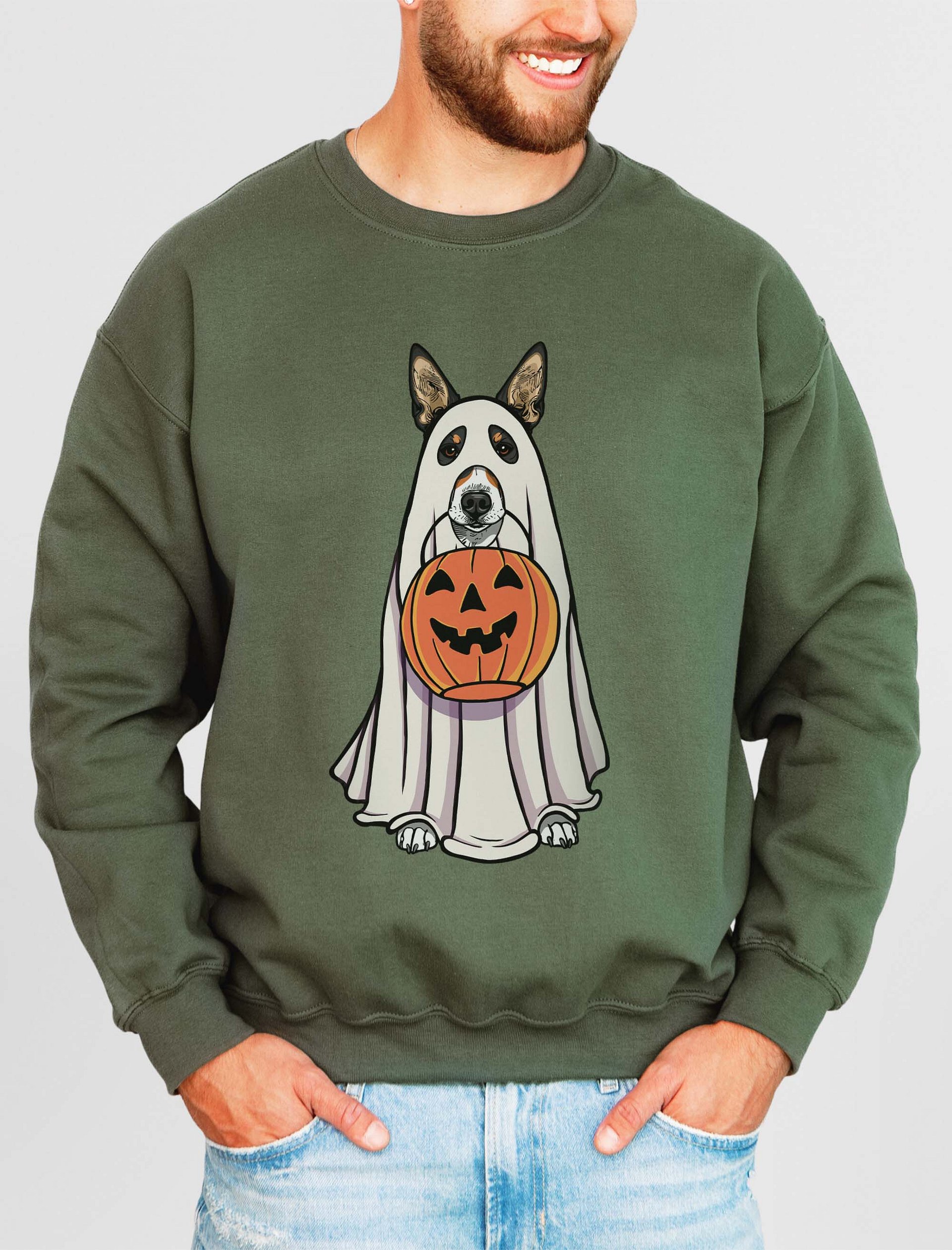 Funny Halloween Basenji(Tricolor) Sweatshirt | Funny Basenji Wearing a Ghost Costume and Holding a Pumpkin Basket product image (11)