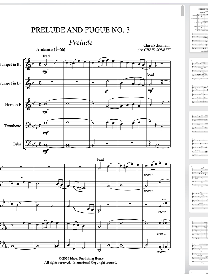 Clara Schumann: Prelude and Fugue No. 3 (Brass Quintet Arr. Chris Coletti product image (1)