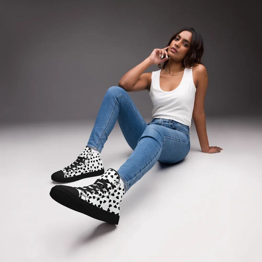Love Pattern 4 Black and White Ladies High Top Canvas Shoes product image (3)