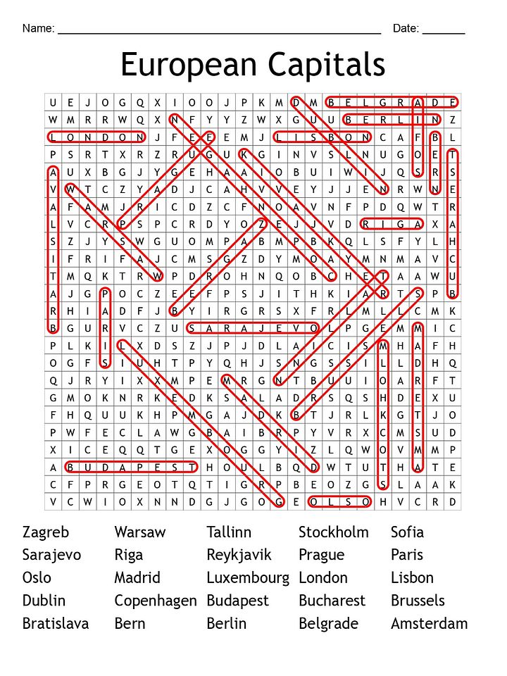 European Capitals Word Search (Printable) product image (2)
