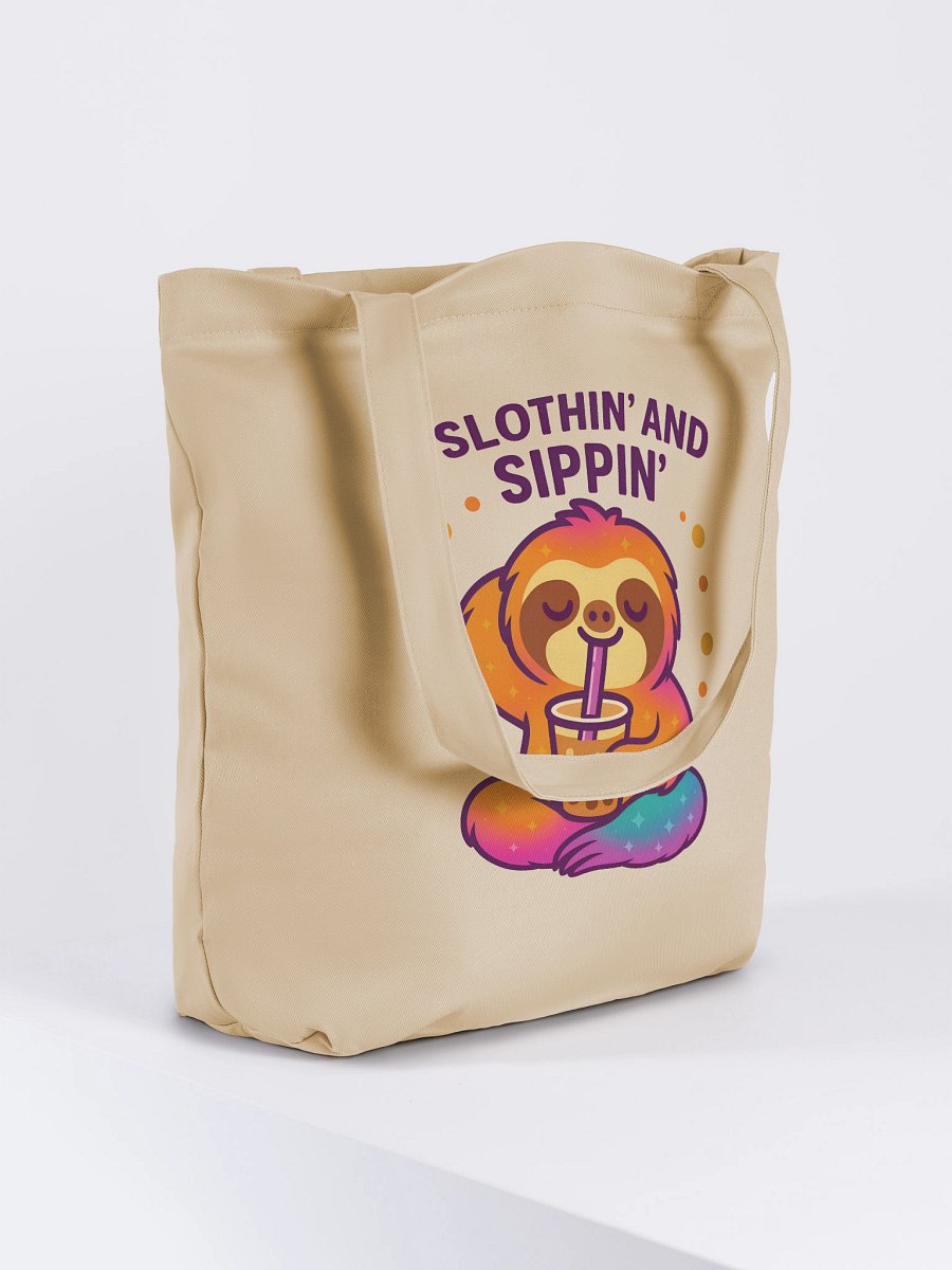 Slothin’ and Sippin’ – Funny Sloth Boba Tea Tote Bag (Double-Sided Print) | Eco Cotton Tote | Sloths Having Snacks Collection product image (4)