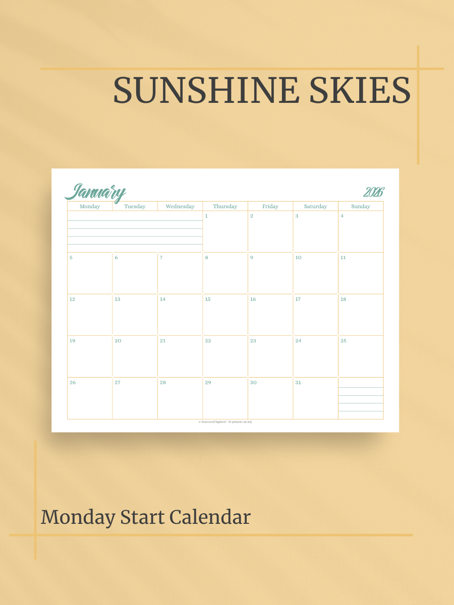 Sunshine Skies 2026 Calendar - Single Page per Month, Monday Start, Letter Size product image (1)