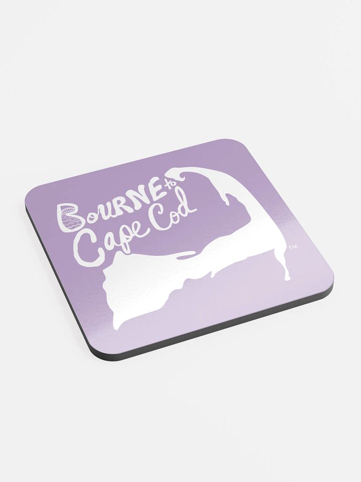 BOURNE to Cape Cod™ | Coastal Coaster | Glossed Cork | Eco-Friendly | Minimalist Coastal Decor | 3.74" Square | White Logo on East Side Lavender product image (2)