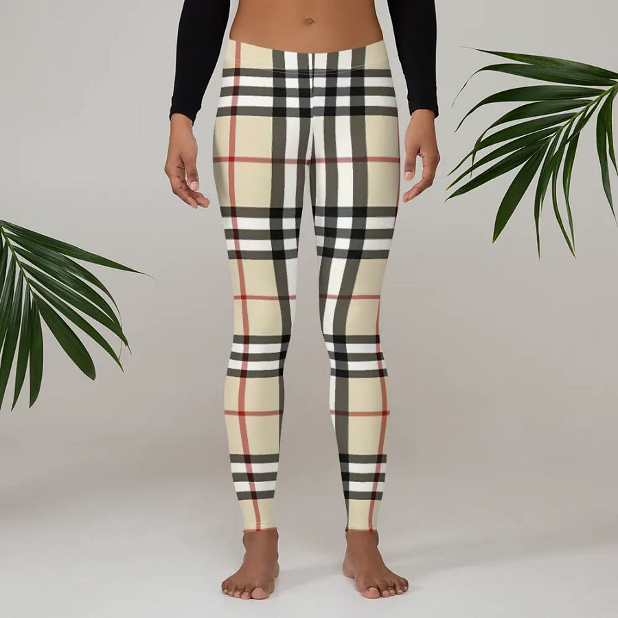 Classic Beige Plaid Leggings: Timeless Tartan Print Women's Fashion Pants product image (3)