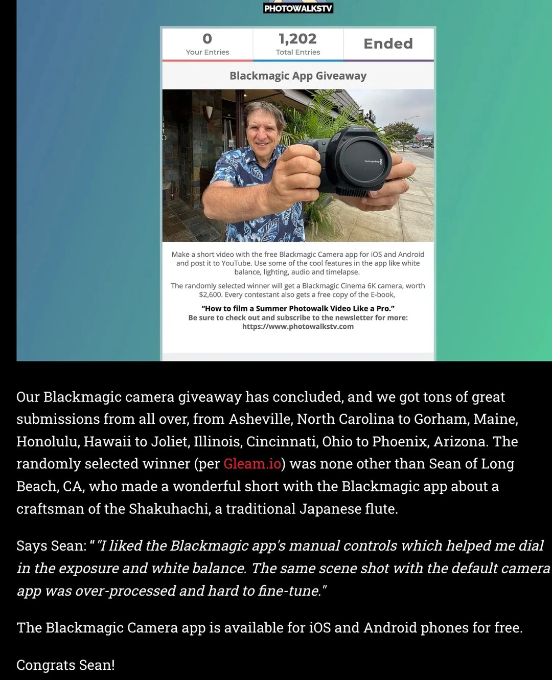 We have a winner to our @blackmagicnewsofficial Giveaway. Read all about it and see the amazing video at photowalkstv dot com...