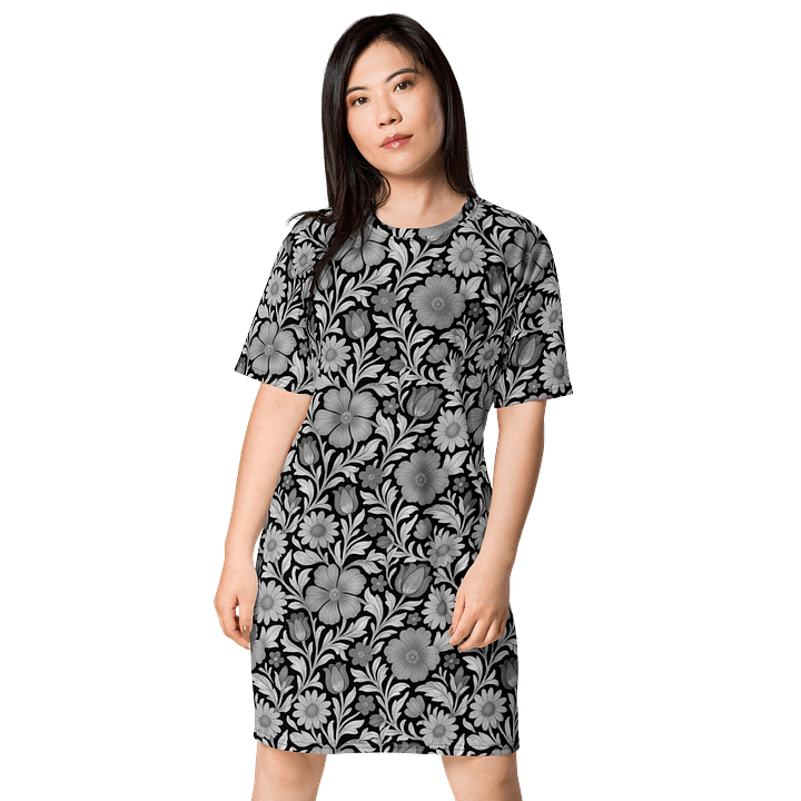Cottagecore Black Floral T-Shirt Dress with Vintage Boho Botanical Design product image (1)