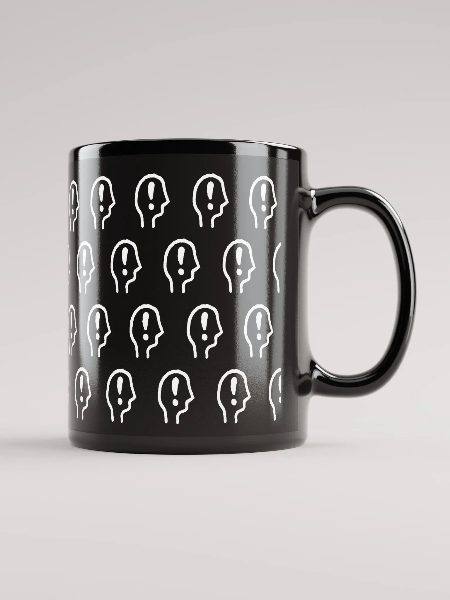 EXCLAIMING MENTALLY (white repeating design) glossy black mug product image (2)