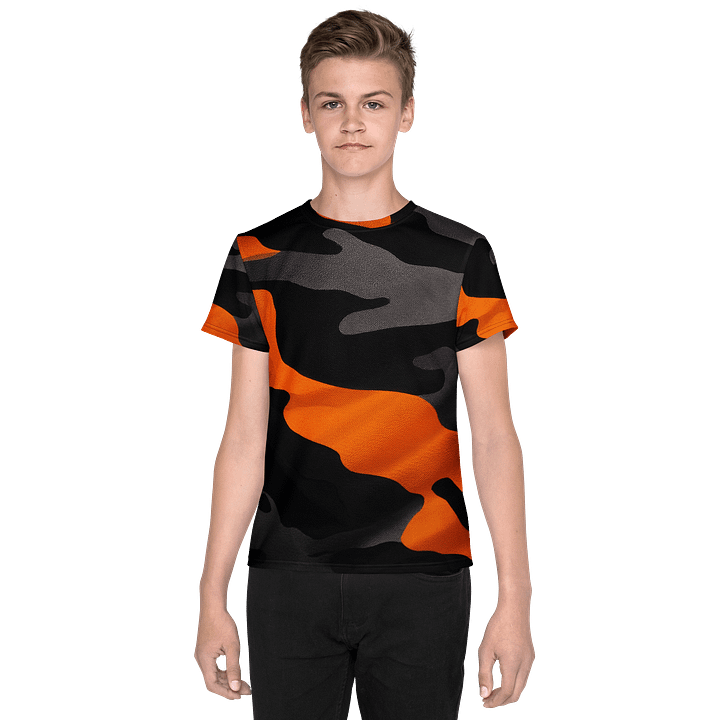 Youth Crew Neck T-Shirt black and orange camo product image (1)