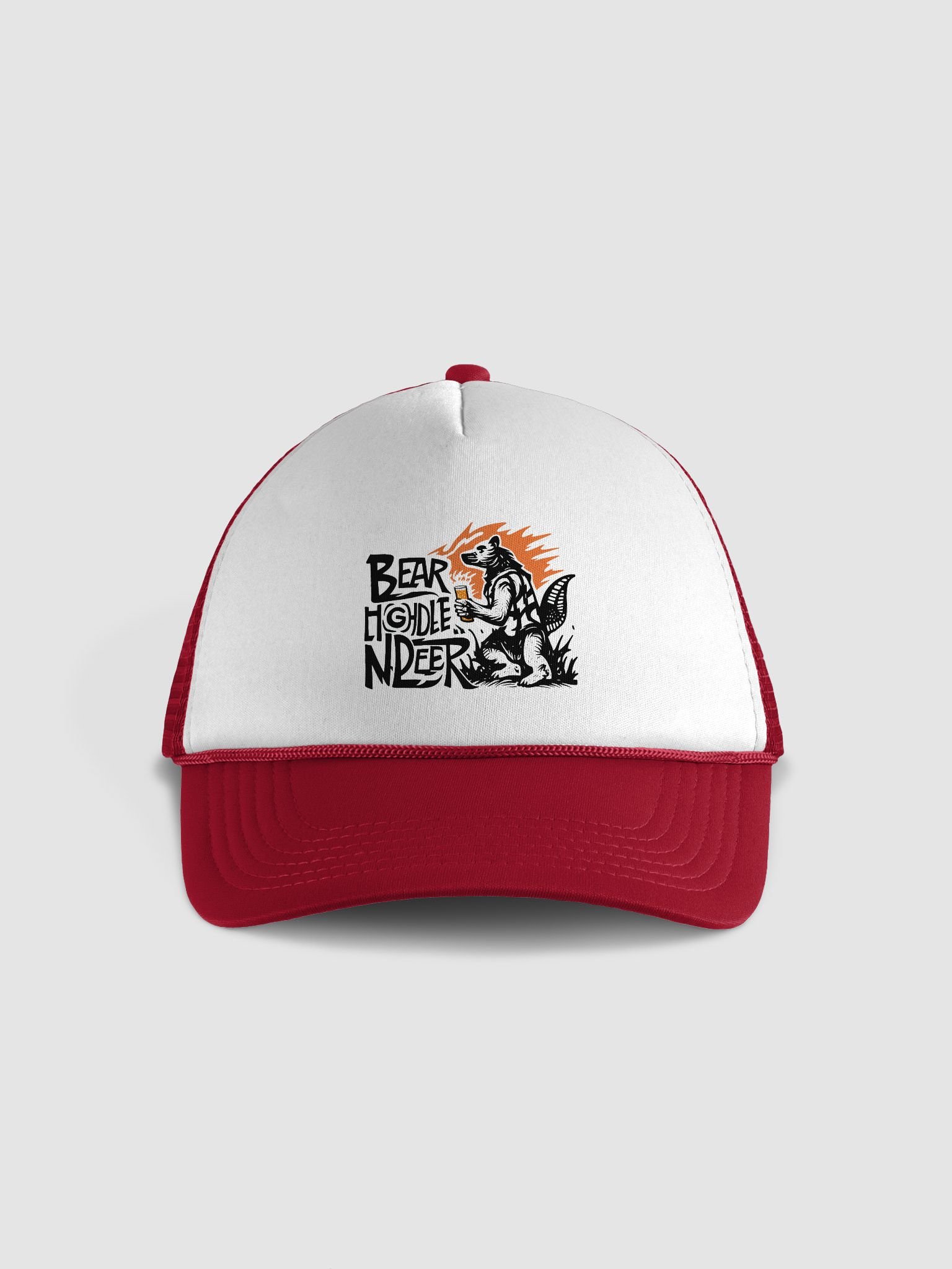 Flame-Backed Bear Holding Beer | Bold Lettering Art Hat product image (1)