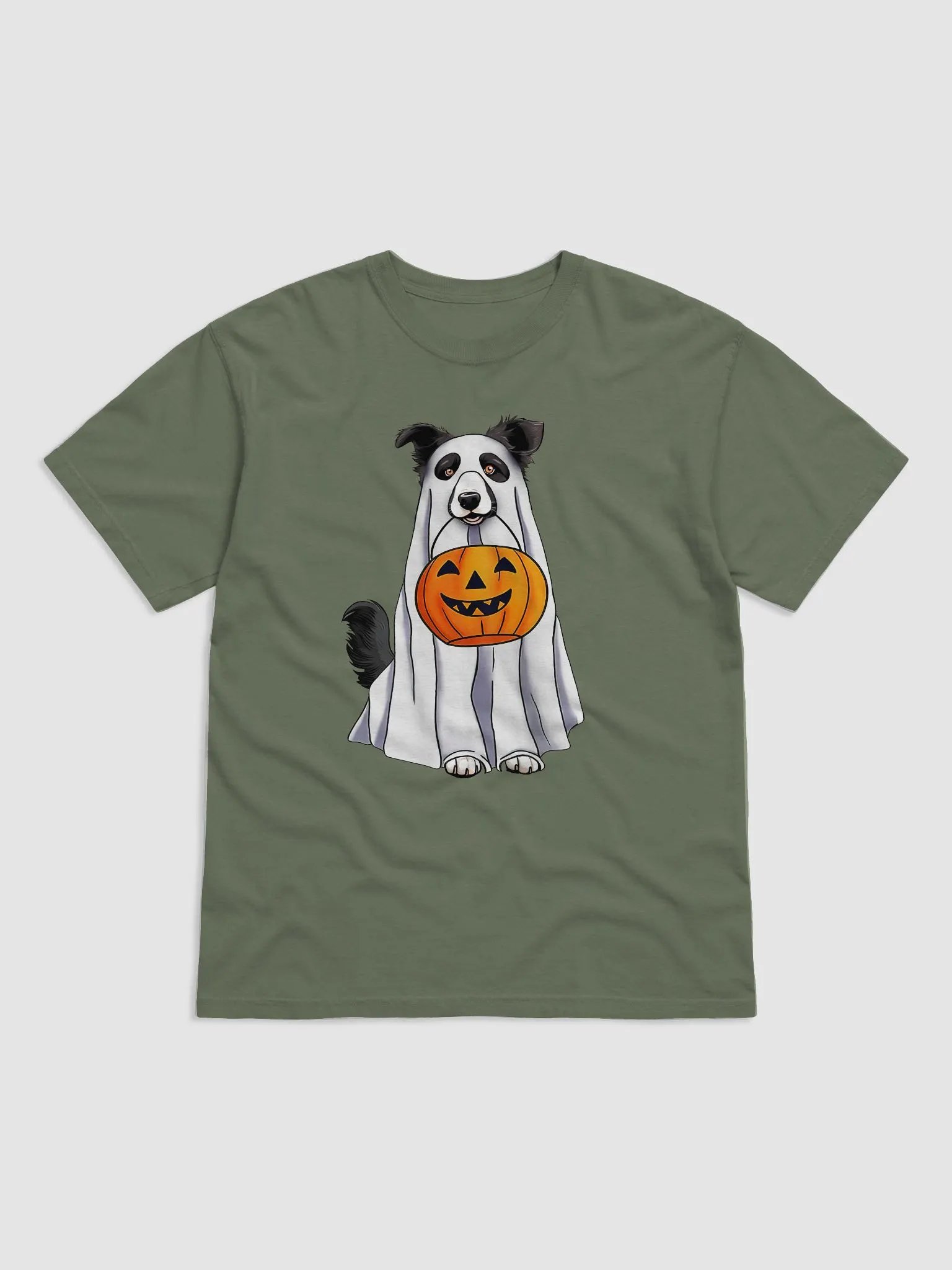 Border Collie Halloween Tee | Funny Halloween Border Collie Wearing a Ghost Costume with Pumpkin Basket product image (2)