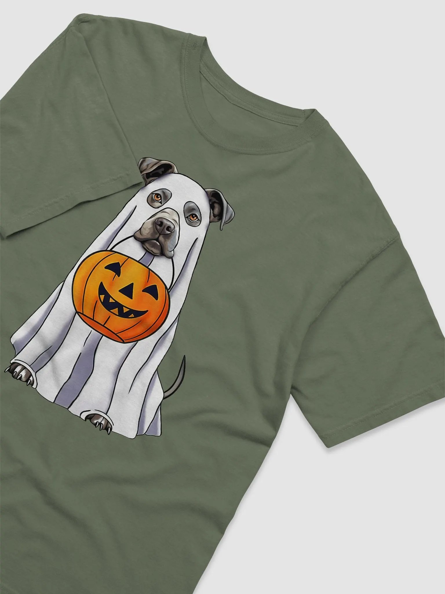 Pitbull(Blue/Gray) Halloween Tee | Funny Halloween Staffordshire Wearing a Ghost Costume with Pumpkin Basket product image (3)