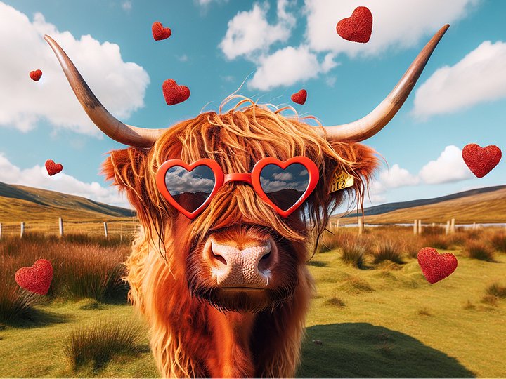 Highland Cow Wearing Red Heart Sunglasses product image (1)