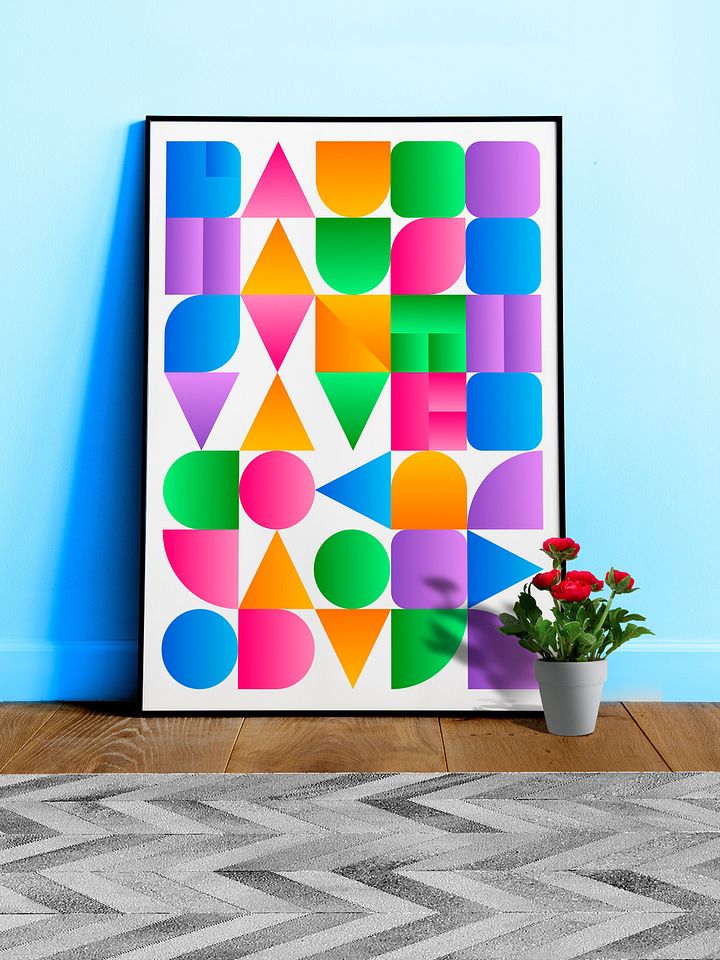 Synthwave Bauhaus Rainbow poster #2 (pink-blue-yellow) — abstract poster, retrowave print, vaporwave geometric art, 1980s print, 1930s decor product image (1)