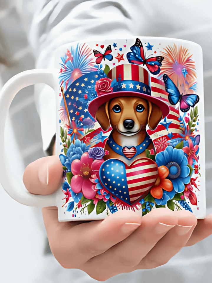 Cute American Puppy Mug Wrap PNG – Adorable 4th of July Sublimation Design with Flag – Patriotic Art for 11oz & 15oz Coffee Mugs – 300 DPI Instant Download product image (1)
