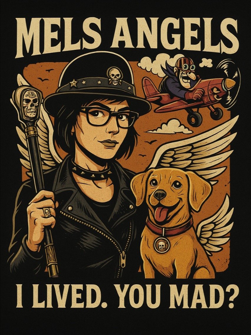 Mel’s Angels “I Lived. You Mad?” Hardcover Journal – Dark Humor Writing Notebook, Winged Dog Rebel Design product image (3)