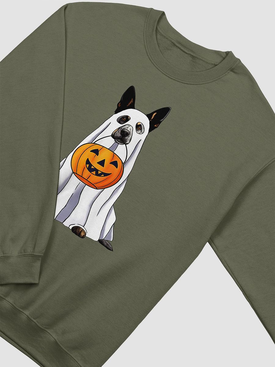 Australian Cattle Dog Halloween Sweatshirt | Funny Halloween Blue Heeler Wearing a Ghost Costume with Pumpkin Basket product image (22)