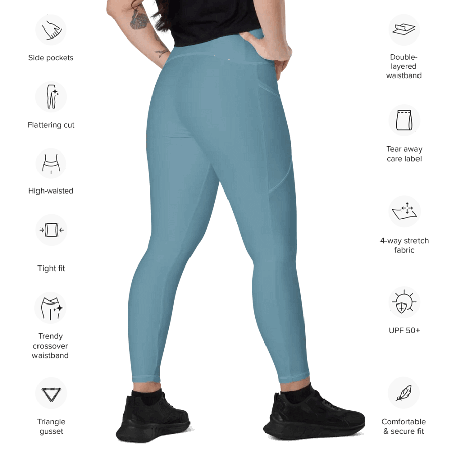 Plain Medium Light Blue Soft Summer Women's High Waisted Premium Crossover Leggings with Pockets by Treasure Pie product image (11)