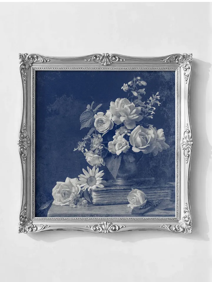 Small Rose Still Life, Vintage Blue Monochrome Square (Printable) product image (1)
