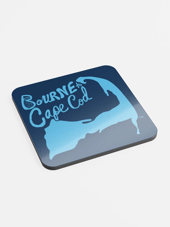 BOURNE to Cape Cod™ | Coastal Coaster | Glossed Cork | Eco-Friendly | Minimalist Coastal Decor | 3.74" Square | Blue Logo on Navy product image (2)