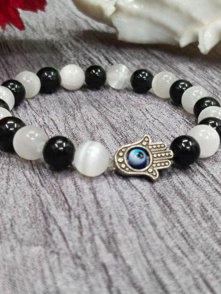 Evil Eye and Selenite Crystal Bracelet for Nazar Suraksha
