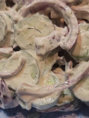 Cucumber Salad
 Ingredients:
 -2.5 cups cucumbers
 -1 red onion
 -1/3 cup sour cream
 -1 tsp Spicy Mustard
 -1 tablespoon apple cider vinegar
 -1/2 tsp black pepper
 -1/2 tsp salt
 -2 tablespoons fresh dill
 -1/4 tsp garlic powder
 Directions:
 1. Slice cucumbers and onions. Chop the dill.
 2. Combine remaining ingredients in a bowl. Toss cucumbers and onions in sauce. Chill before
 serving
 #cucumber #spring #sidedish #easyrecipe 