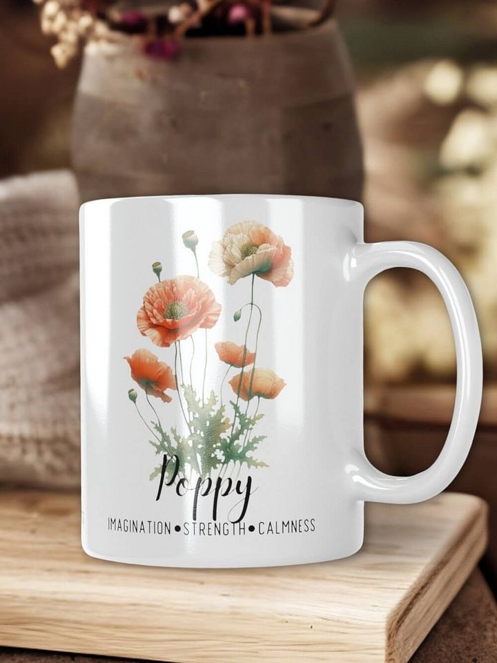 Poppy Ceramic White Mug: Imagination, Strength, Calmness August Birth Month Flower product image (2)