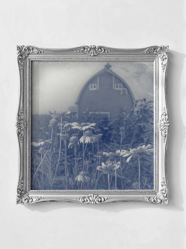 Vintage Flowers & Barn, Vintage Blue Monochrome Square (Printable) product image (1)