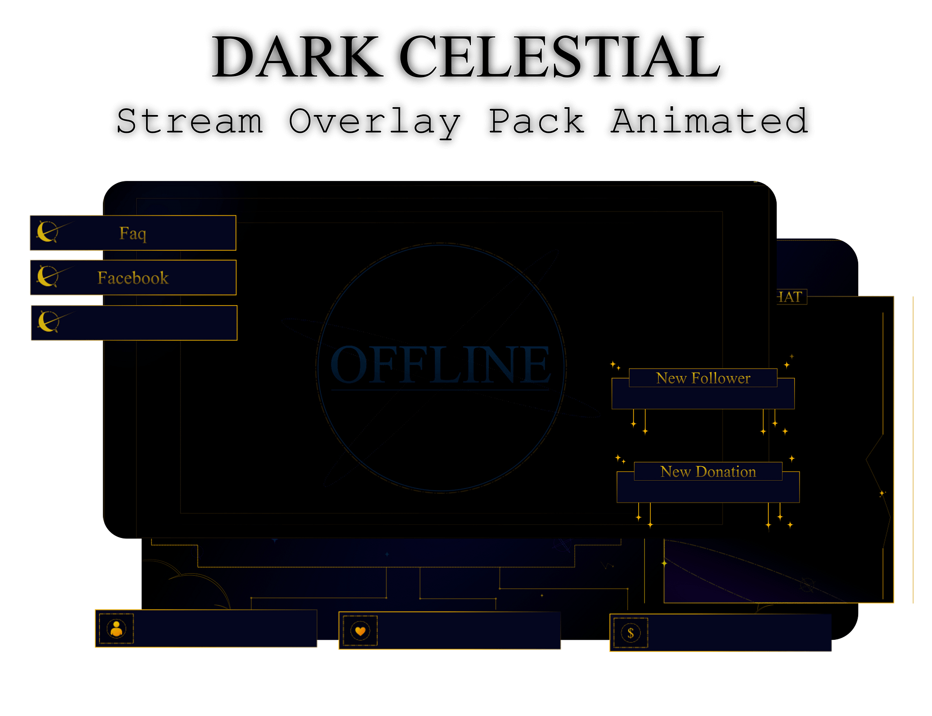 SIMPLE Dark STREAM OVERLAY Celestial, Dark overlay pack, Celestial Animated Overlay, Stream overlay pack, Black and gold Overlay product image (1)