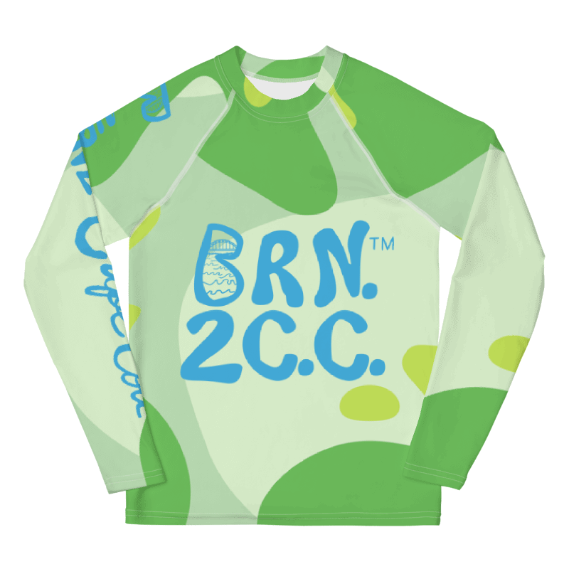 YOUTH | Rash Guard | BRN.2C.C.™ Front Graphic | BOURNE to Cape Cod™ Sleeve & Back Logo | Coastal Swim Shirt for Kids | UV Protection Activewear | Blue Logo on Green Abstract product image (1)