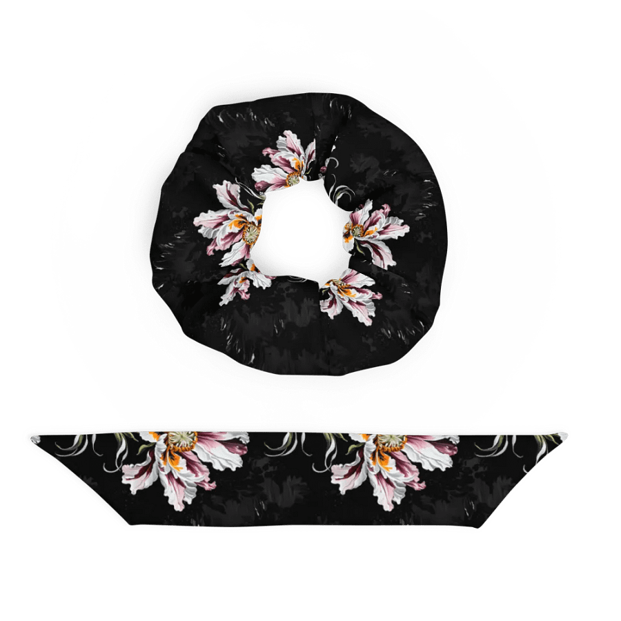 Hair Scrunchie - Painted Pink Flowers on a Black Background product image (5)