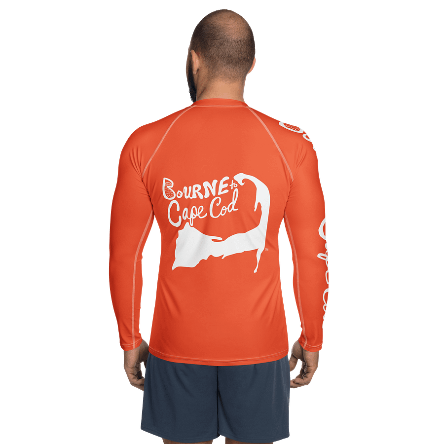 BRN.2C.C.™ /BOURNE to Cape Cod™ | Men’s Long Sleeve Rash Guard | UPF 50+ Active Coastal Shirt | White Logos on Outrageously Orange product image (4)