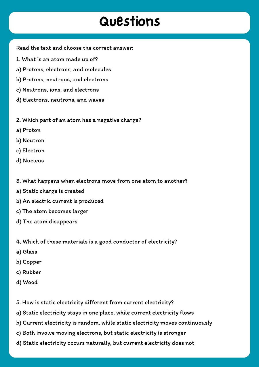 Atoms and Electricity - Reading Comprehension with Questions product image (2)
