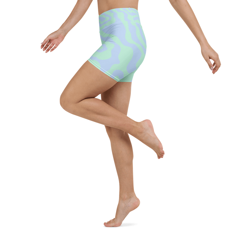 All-Over Print Yoga Shorts | with Inside Pocket | BRN.2C.C.™ | Coastal-Inspired Activewear | Vibrant Pink Logo on Wavy Pastel Stripes product image (4)