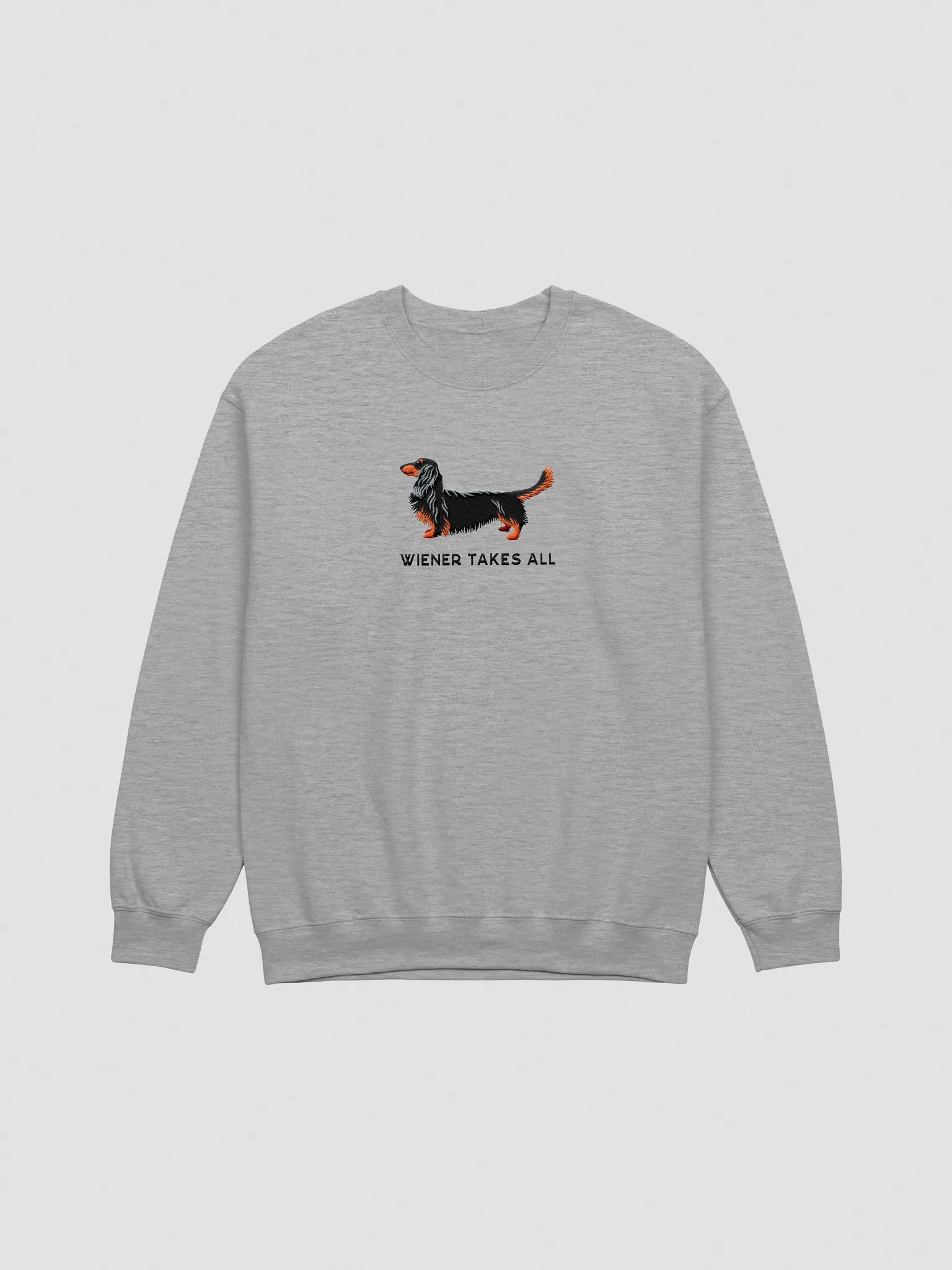 Wiener Takes All Sweatshirt (Embroidered) of a Longhaired Dachshund(Black & Tan) product image (3)