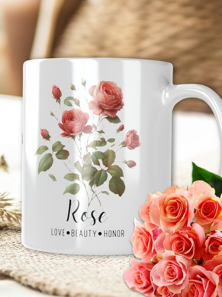 Rose Ceramic White Mug: Love, Beauty, Honor June Birth Month Flower product image (1)