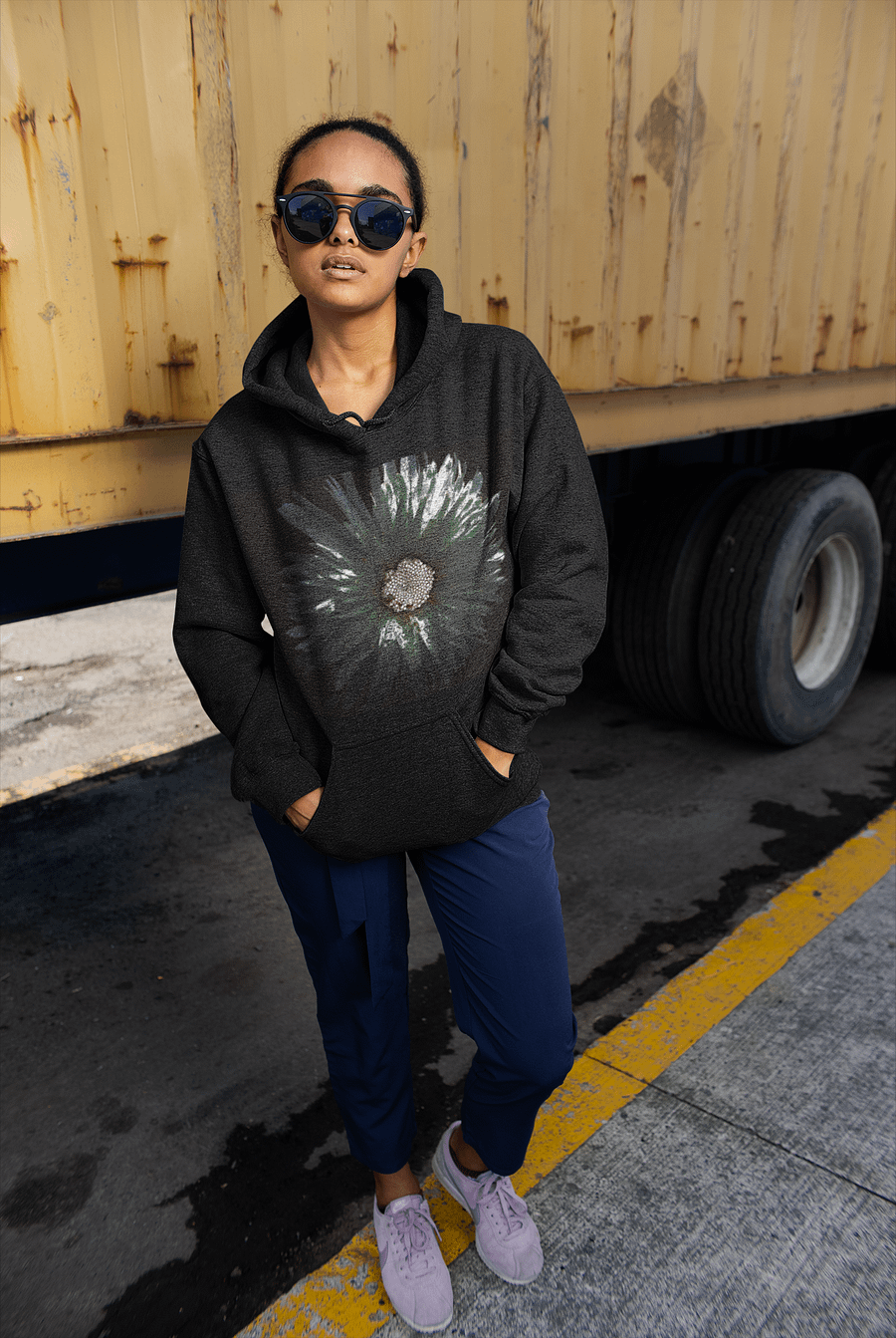 Abstract Distressed Silver Daisy Flower on a Dark Background Women's Classic Hoodie product image (7)