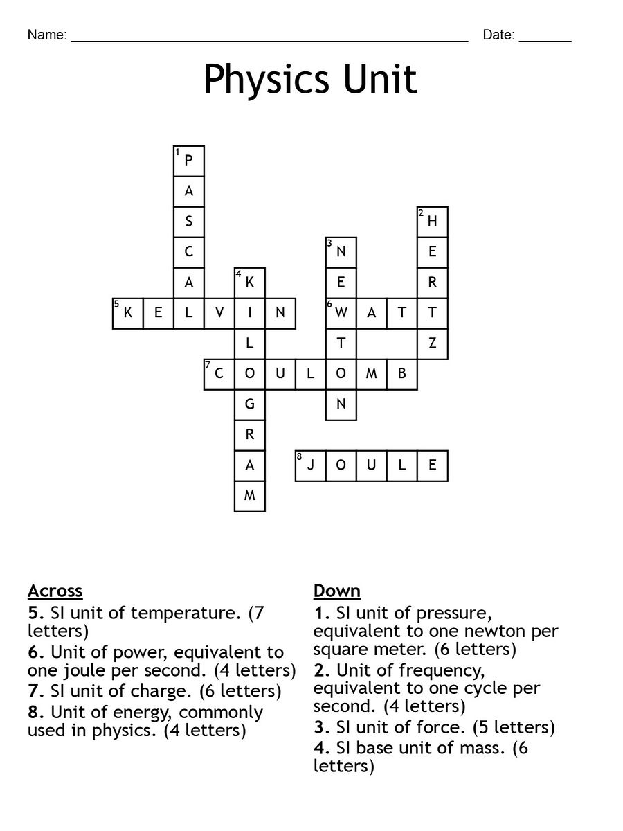 Printable Physics Unit Crossword Puzzle – Key Units in Physics! product image (2)
