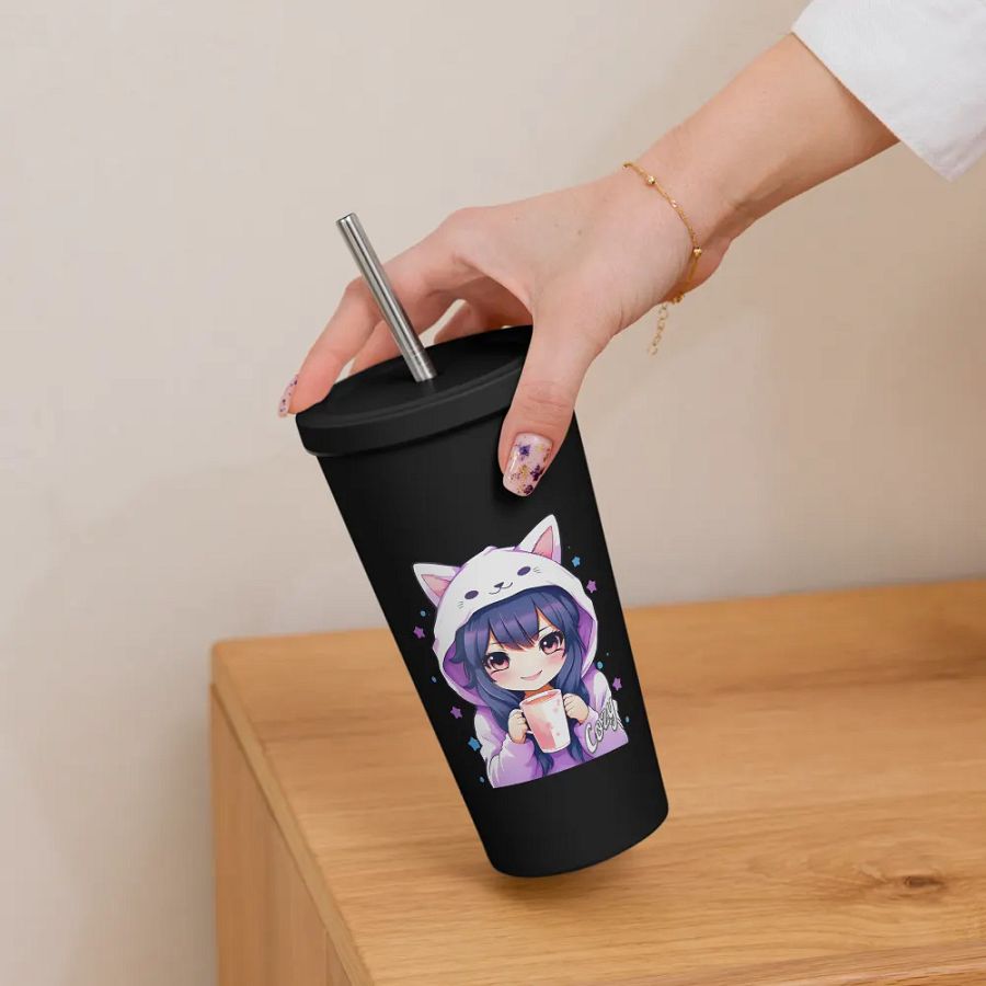 Cozy Kawaii Anime Girl 20 oz Tumbler Cup - Black - Insulated Tumbler with a Straw product image (6)