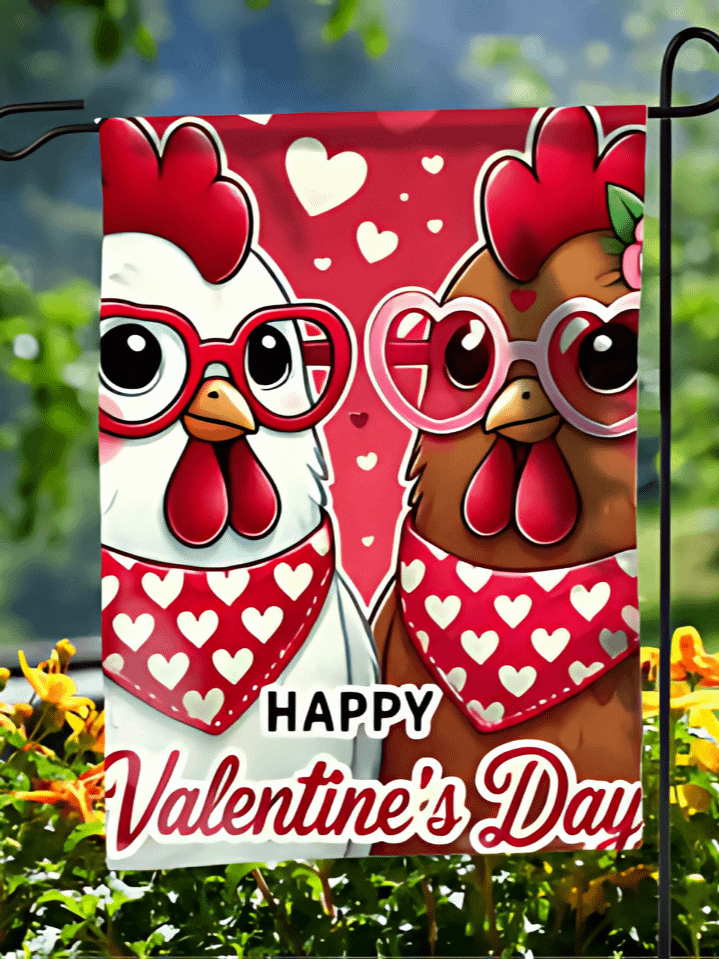 Valentine’s Day Chicken Couple Garden Flag – Cute Love Heart Design – Sublimation PNG for Outdoor Decor – High-Quality 300 DPI Digital File product image (1)