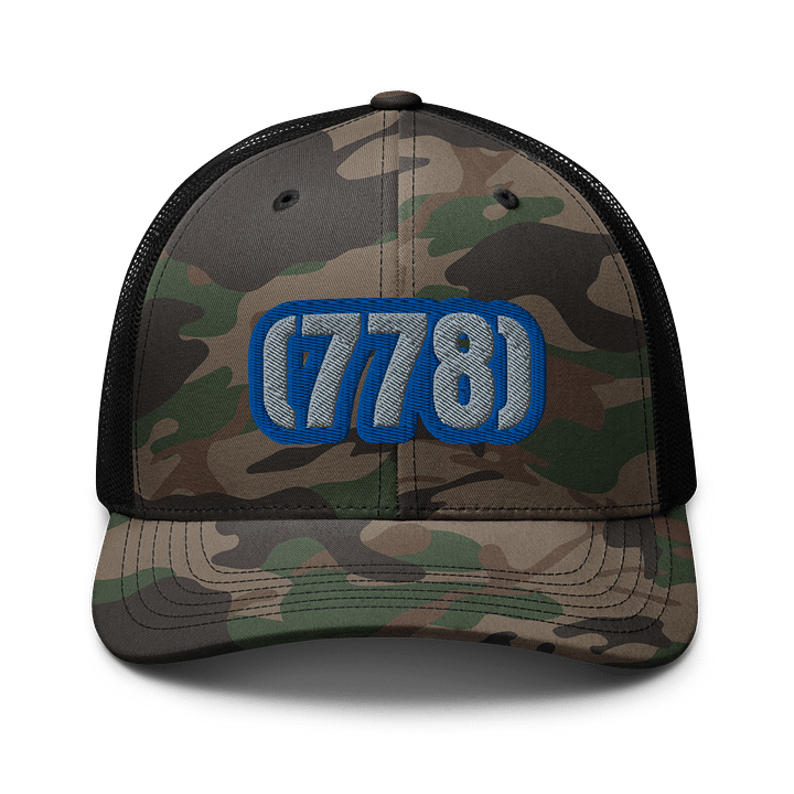 Bold Blue Outlined 778 AREA CODE Camo Trucker Hat product image (1)