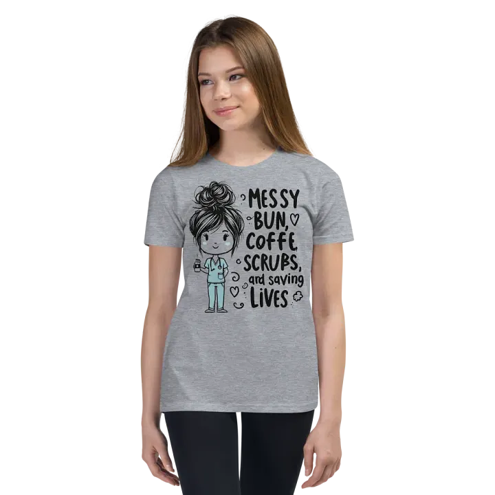 Messy Bun, Coffee, Scrubs, and Saving Lives Youth T-Shirt product image (61)