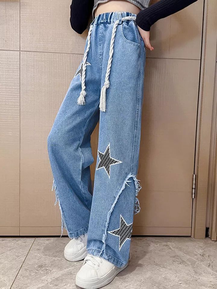 Kids Girls Jeans Unique Denim Pants Star Printed Trousers Ripped Casual product image (3)