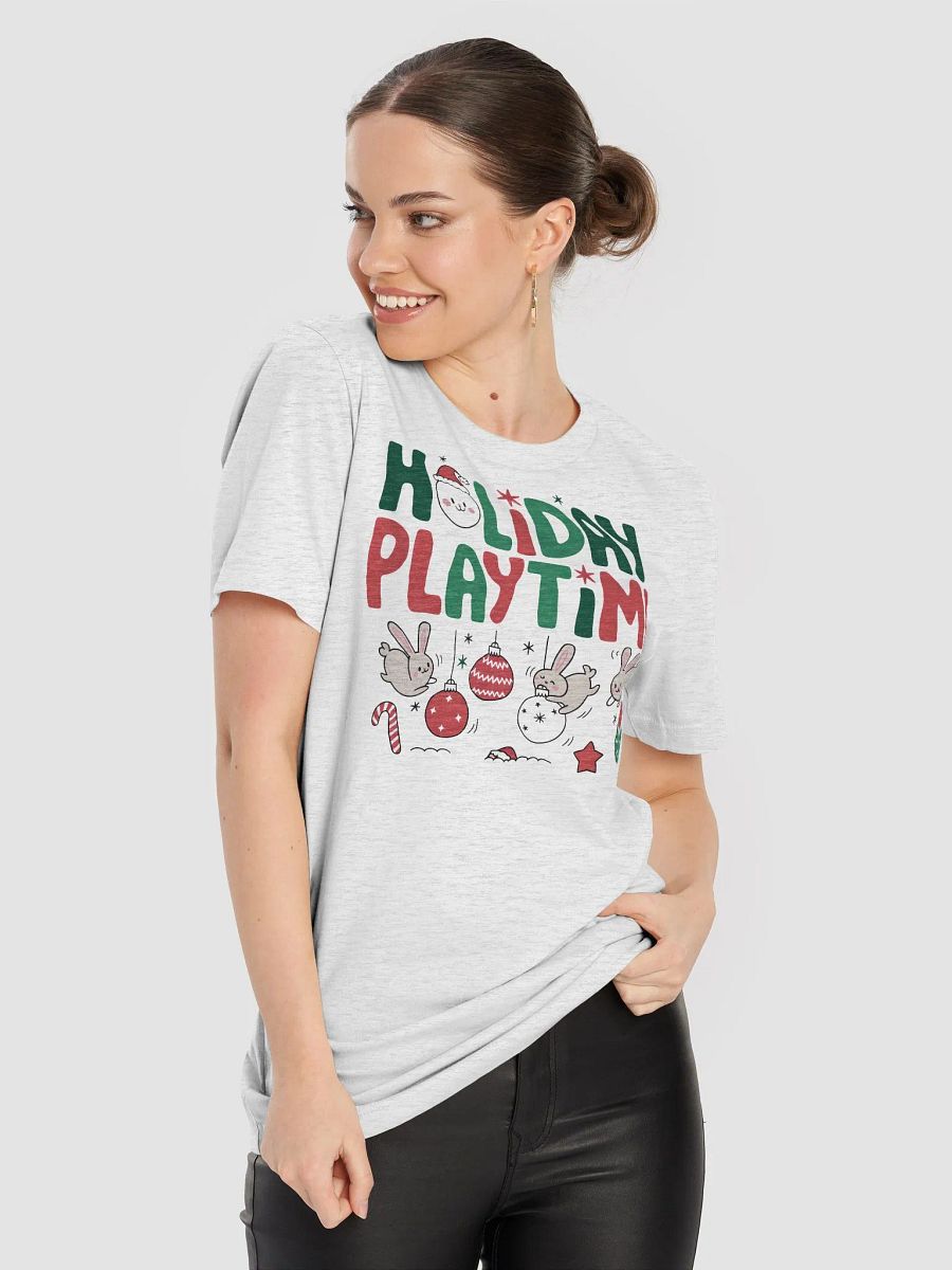 “HOLIDAY PLAYTIME” t-shirt, Holiday-themed shirt, Playful rabbit graphic, Cheerful holiday message, Perfect for holiday gatherings, Fun gift idea for the season, Spread joy and inspiration, gift idea product image (8)