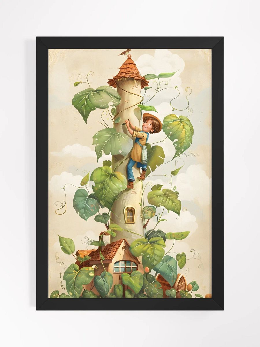 Boy climbing a tall beanstalk toward a cozy small house product image (1)
