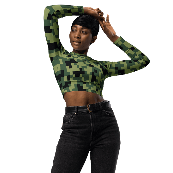 Military Green Camouflage Pixels Camo Pattern Long Sleeve Crop Top product image (1)