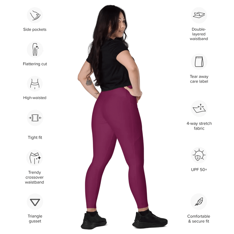 Plain Dark Burgundy Red True Summer Women's High Waisted Premium Crossover Leggings with Pockets by Treasure Pie product image (12)