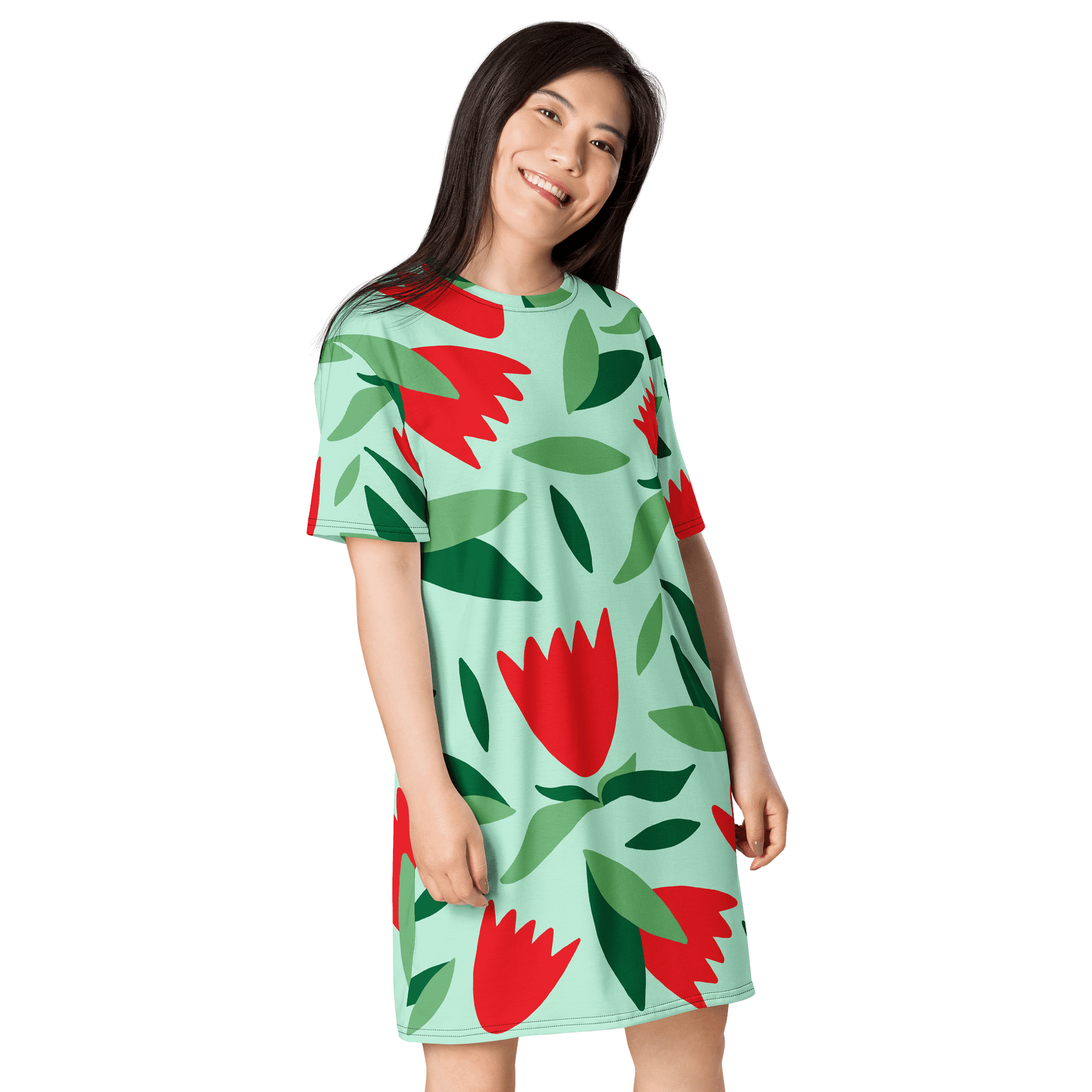 Floral Oversized T-Shirt Dress in Vibrant Red and Green - Exclusive TDSMUSIC Design product image (4)